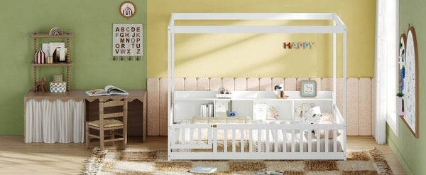 English Elm Full Size Montessori Pine Floor Bed with Guardrails Open Cubbies and Access Door White Wood W5767P517425