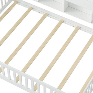 English Elm Full Size Montessori Pine Floor Bed with Guardrails Open Cubbies and Access Door White Wood W5767P517425