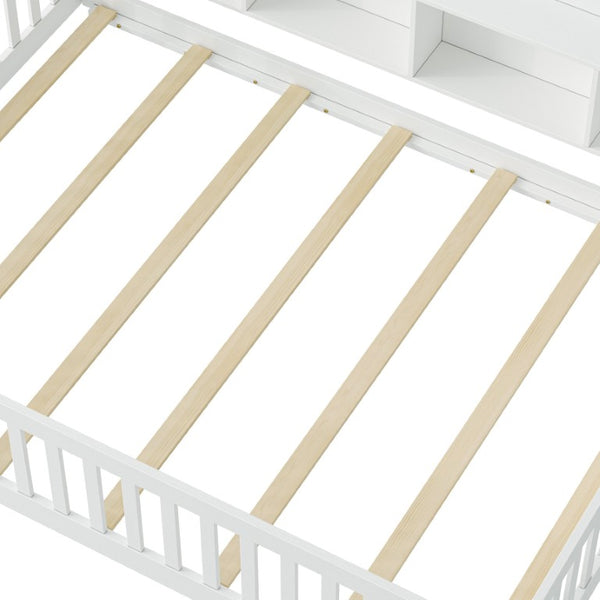 English Elm Full Size Montessori Pine Floor Bed with Guardrails Open Cubbies and Access Door White Wood W5767P517425