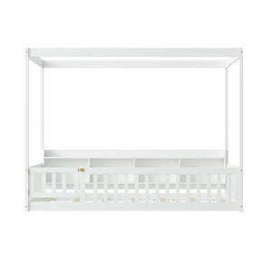 English Elm Full Size Montessori Pine Floor Bed with Guardrails Open Cubbies and Access Door White Wood W5767P517425