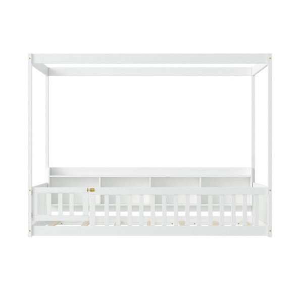 English Elm Full Size Montessori Pine Floor Bed with Guardrails Open Cubbies and Access Door White Wood W5767P517425