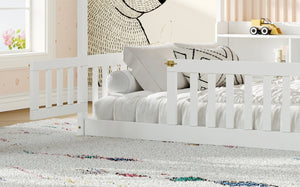English Elm Full Size Montessori Pine Floor Bed with Guardrails Open Cubbies and Access Door White Wood W5767P517425