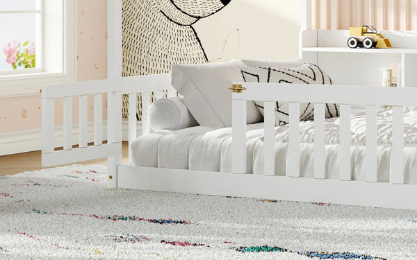 English Elm Full Size Montessori Pine Floor Bed with Guardrails Open Cubbies and Access Door White Wood W5767P517425