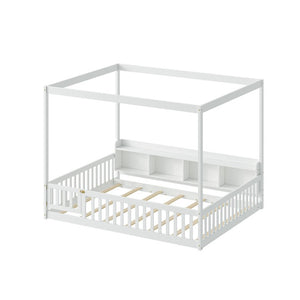 English Elm Full Size Montessori Pine Floor Bed with Guardrails Open Cubbies and Access Door White Wood W5767P517425