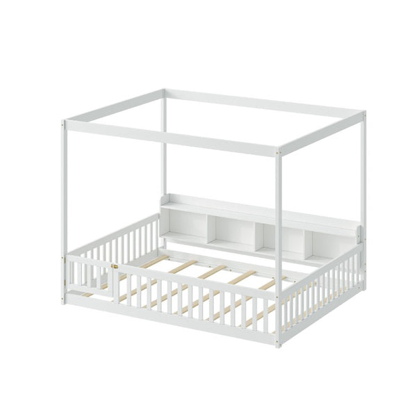English Elm Full Size Montessori Pine Floor Bed with Guardrails Open Cubbies and Access Door White Wood W5767P517425