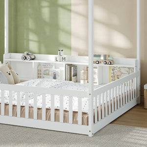 English Elm Full Size Montessori Pine Floor Bed with Guardrails Open Cubbies and Access Door White Wood W5767P517425
