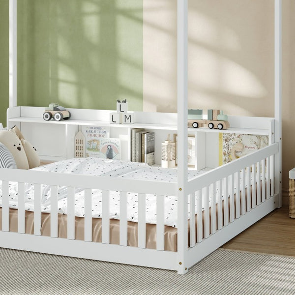 English Elm Full Size Montessori Pine Floor Bed with Guardrails Open Cubbies and Access Door White Wood W5767P517425