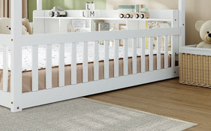 English Elm Full Size Montessori Pine Floor Bed with Guardrails Open Cubbies and Access Door White Wood W5767P517425