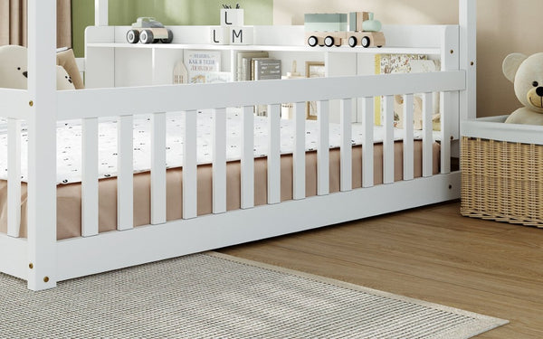 English Elm Full Size Montessori Pine Floor Bed with Guardrails Open Cubbies and Access Door White Wood W5767P517425