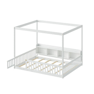 English Elm Full Size Montessori Pine Floor Bed with Guardrails Open Cubbies and Access Door White Wood W5767P517425
