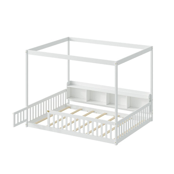English Elm Full Size Montessori Pine Floor Bed with Guardrails Open Cubbies and Access Door White Wood W5767P517425