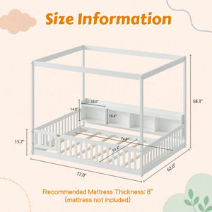 English Elm Full Size Montessori Pine Floor Bed with Guardrails Open Cubbies and Access Door White Wood W5767P517425