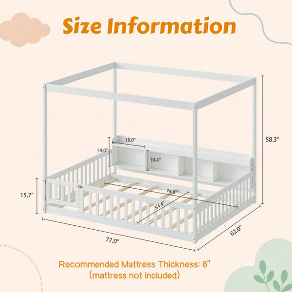 English Elm Full Size Montessori Pine Floor Bed with Guardrails Open Cubbies and Access Door White Wood W5767P517425