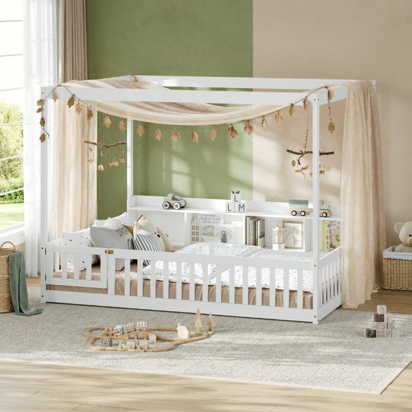 English Elm Full Size Montessori Pine Floor Bed with Guardrails Open Cubbies and Access Door White Wood W5767P517425