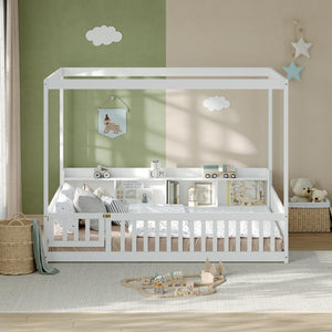 English Elm Full Size Montessori Pine Floor Bed with Guardrails Open Cubbies and Access Door White Wood W5767P517425