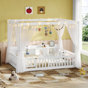 English Elm Full Size Montessori Pine Floor Bed with Guardrails Open Cubbies and Access Door White Wood W5767P517425