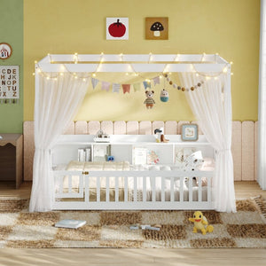 English Elm Full Size Montessori Pine Floor Bed with Guardrails Open Cubbies and Access Door White Wood W5767P517425