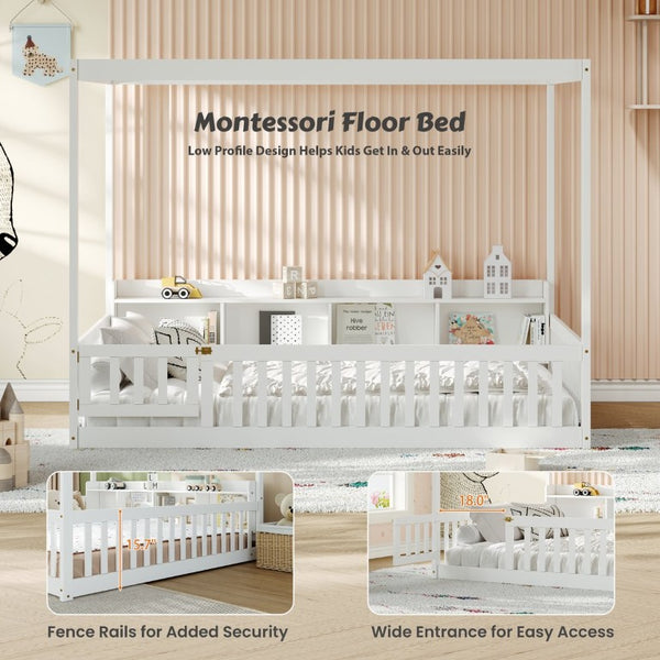 English Elm Full Size Montessori Pine Floor Bed with Guardrails Open Cubbies and Access Door White Wood W5767P517425