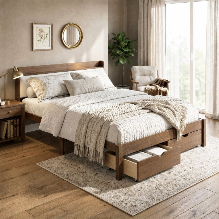 English Elm Queen Platform Bed with Under Drawer Storage Padded Headboard and Pine Slat Support W5767P517427