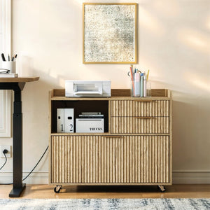 English Elm Mobile File Cabinet with Charging Station Fluted Panels Rolling Storage for Home Office W5767P533374