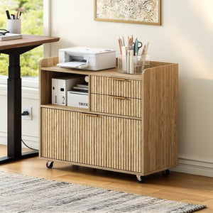 English Elm Mobile File Cabinet with Charging Station Fluted Panels Rolling Storage for Home Office W5767P533374