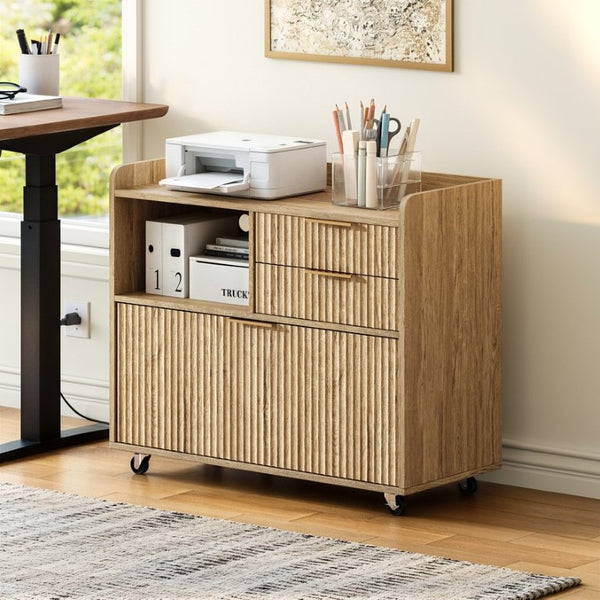 English Elm Mobile File Cabinet with Charging Station Fluted Panels Rolling Storage for Home Office W5767P533374