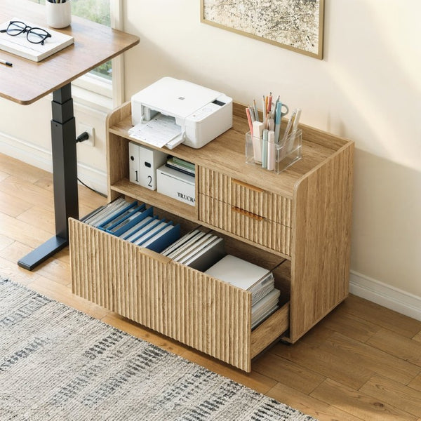 English Elm Mobile File Cabinet with Charging Station Fluted Panels Rolling Storage for Home Office W5767P533374