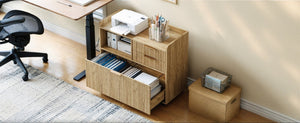 English Elm Mobile File Cabinet with Charging Station Fluted Panels Rolling Storage for Home Office W5767P533374