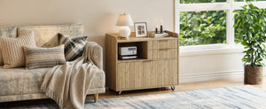 English Elm Mobile File Cabinet with Charging Station Fluted Panels Rolling Storage for Home Office W5767P533374