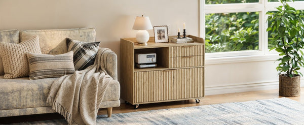 English Elm Mobile File Cabinet with Charging Station Fluted Panels Rolling Storage for Home Office W5767P533374