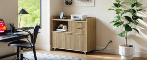 English Elm Mobile File Cabinet with Charging Station Fluted Panels Rolling Storage for Home Office W5767P533374