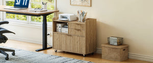 English Elm Mobile File Cabinet with Charging Station Fluted Panels Rolling Storage for Home Office W5767P533374