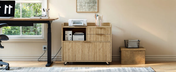 English Elm Mobile File Cabinet with Charging Station Fluted Panels Rolling Storage for Home Office W5767P533374