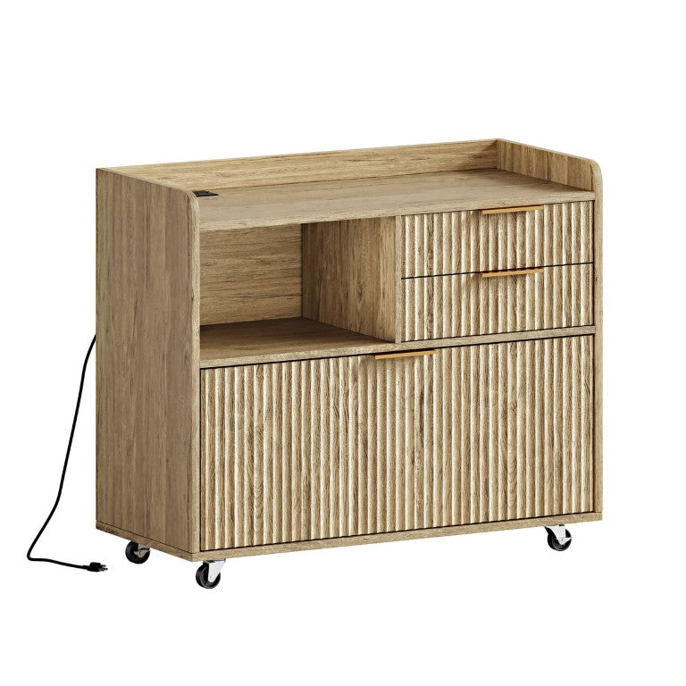 English Elm Mobile File Cabinet with Charging Station Fluted Panels Rolling Storage for Home Office W5767P533374