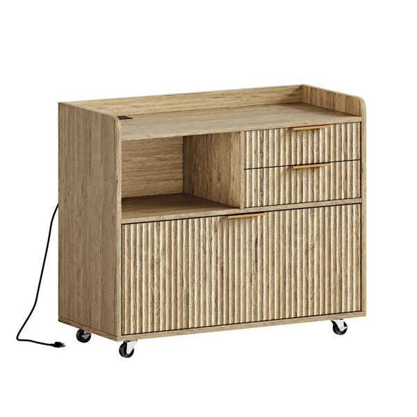 English Elm Mobile File Cabinet with Charging Station Fluted Panels Rolling Storage for Home Office W5767P533374