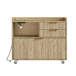 English Elm Mobile File Cabinet with Charging Station Fluted Panels Rolling Storage for Home Office W5767P533374