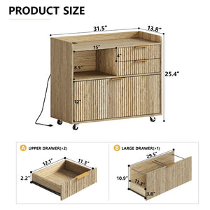 English Elm Mobile File Cabinet with Charging Station Fluted Panels Rolling Storage for Home Office W5767P533374