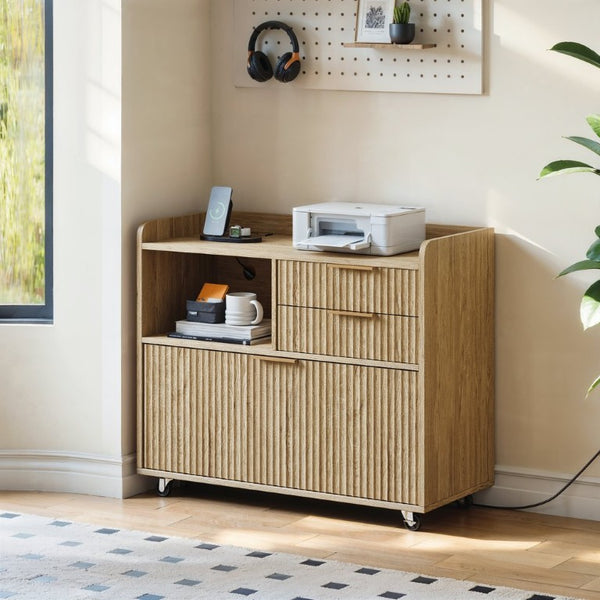 English Elm Mobile File Cabinet with Charging Station Fluted Panels Rolling Storage for Home Office W5767P533374