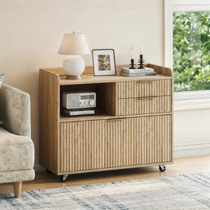 English Elm Mobile File Cabinet with Charging Station Fluted Panels Rolling Storage for Home Office W5767P533374