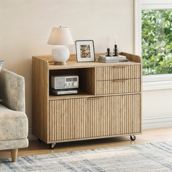 English Elm Mobile File Cabinet with Charging Station Fluted Panels Rolling Storage for Home Office W5767P533374