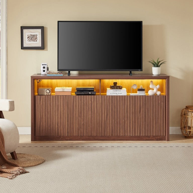 English Elm 67 Inch Fluted Wood Sideboard Buffet with LED Shelf and Built in Power Station W5767P540633