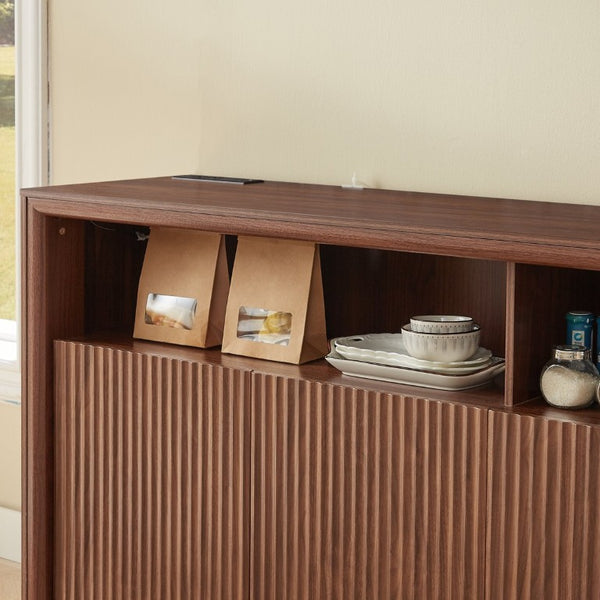 English Elm 67 Inch Fluted Wood Sideboard Buffet with LED Shelf and Built in Power Station W5767P540633