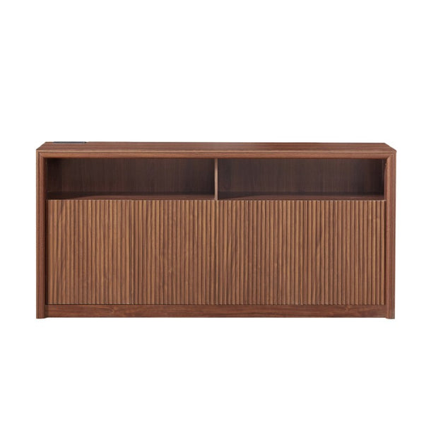 English Elm 67 Inch Fluted Wood Sideboard Buffet with LED Shelf and Built in Power Station W5767P540633