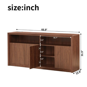 English Elm 67 Inch Fluted Wood Sideboard Buffet with LED Shelf and Built in Power Station W5767P540633