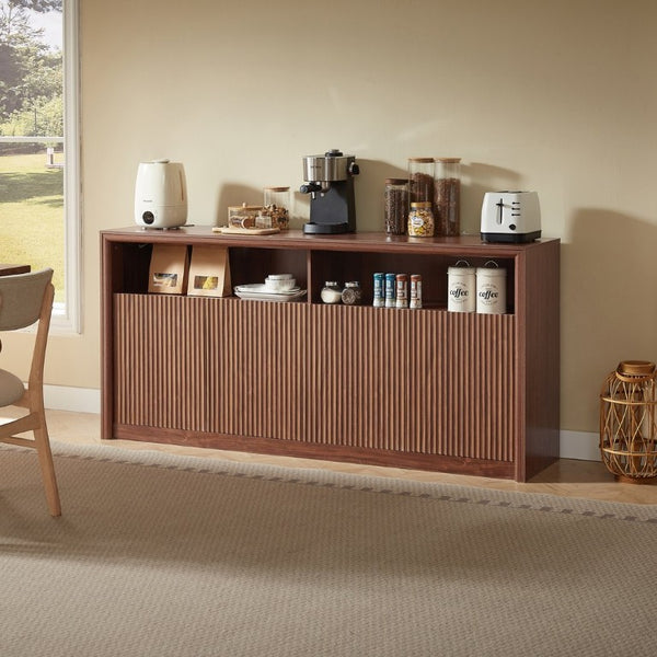 English Elm 67 Inch Fluted Wood Sideboard Buffet with LED Shelf and Built in Power Station W5767P540633