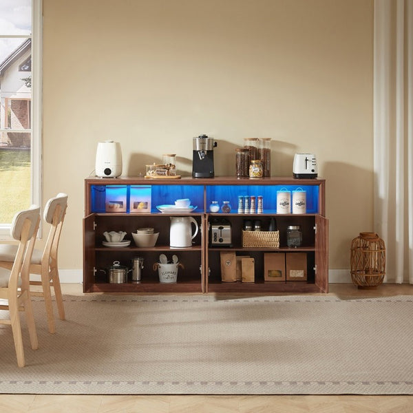 English Elm 67 Inch Fluted Wood Sideboard Buffet with LED Shelf and Built in Power Station W5767P540633