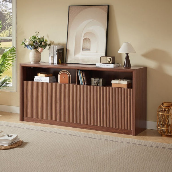English Elm 67 Inch Fluted Wood Sideboard Buffet with LED Shelf and Built in Power Station W5767P540633