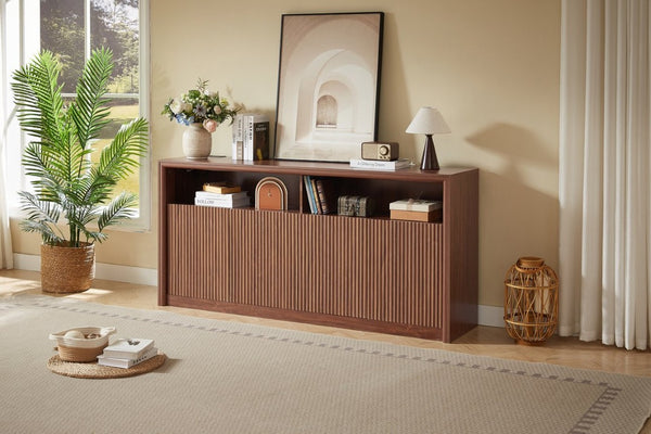English Elm 67 Inch Fluted Wood Sideboard Buffet with LED Shelf and Built in Power Station W5767P540633