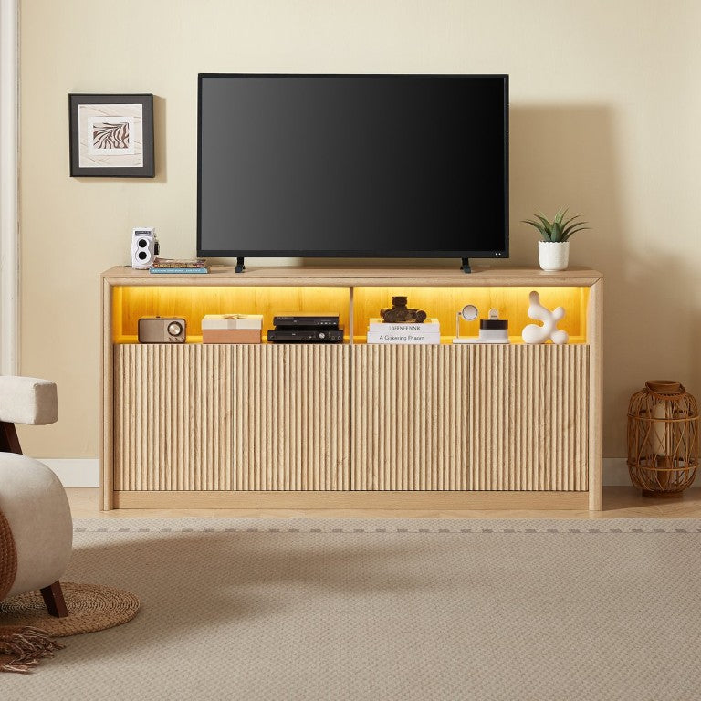 English Elm 67 Inch Fluted Wood Sideboard Buffet with LED Lighting Built in Power Station Dining Bar W5767P540645