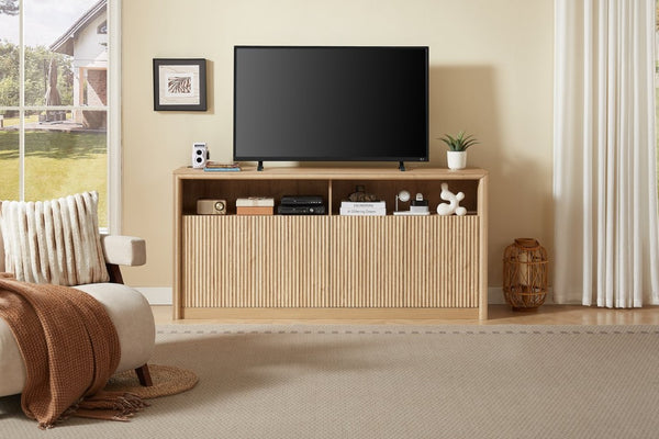 English Elm 67 Inch Fluted Wood Sideboard Buffet with LED Lighting Built in Power Station Dining Bar W5767P540645
